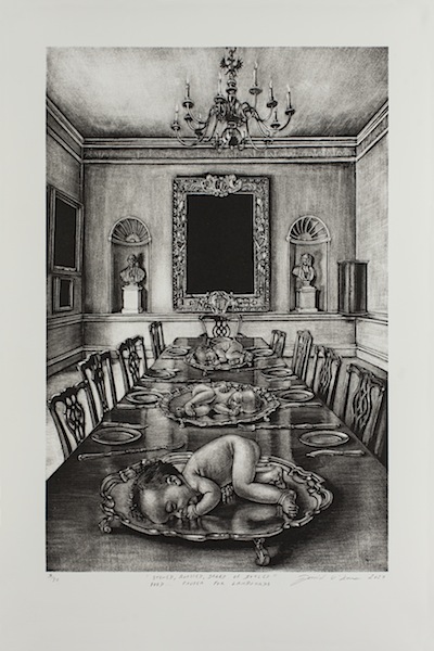 David O´Kane: 
Stewed, Roasted, Baked or Boyled, Food... Proper for Landlords, 2017, 
manière noire lithograph, motif size 32 x 21.5 cm, paper size 56 x 38 cm, 
edition 3 of 10. From the series A Modest Proposal. 
Inspired by Jonathan Swift.

